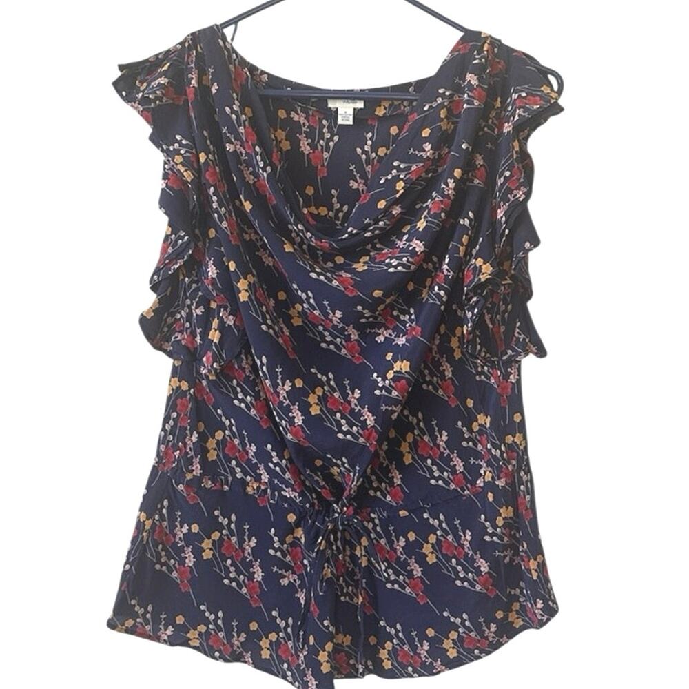 Odille for Anthropologie Navy Floral Cowl Neck Blouse - Women’s Size M